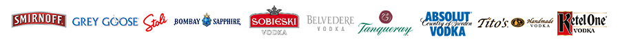 Vodka List - Smirnoff logo, Grey Goose Logo, Stoli logo, bombay sapphire logo, sobieski vodka logo, belvedere vodka logo, tanqueray logo, absolut vodka logo, tito's logo, ketel one vodka logo